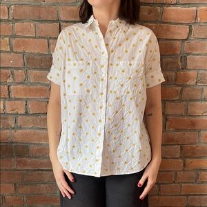 White Button Up Women's Top with Sun Embroidery